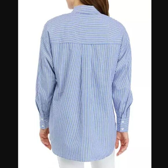 Magaschoni Women's Long Sleeve Striped Oversized Shirt | Cotton Blue White | NEW - Picture 3 of 12